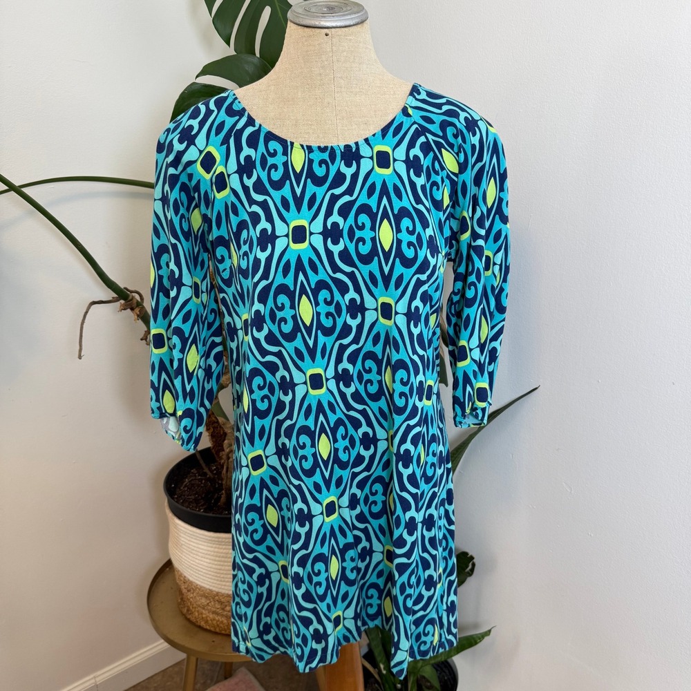 Escapada Shift Dress Womens Medium Blue Turquoise Geometric 60's Resortwear